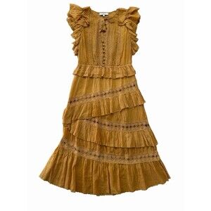 Sea New York Yellow Mustard Lace Ruffle Boho Midi Dress Size 4
